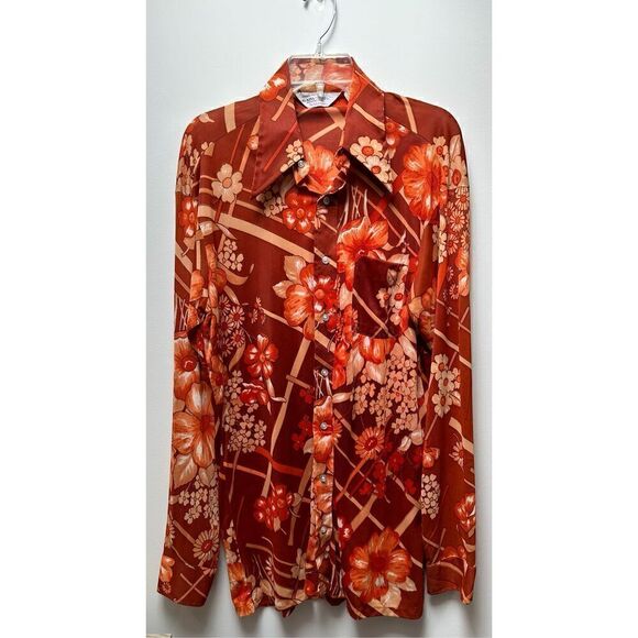 The King Size Co 70’s Funky long sleeve orange rust floral button shirt size L # - Picture 1 of 8